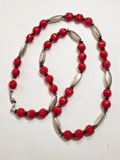 Vintage Red Lucite Bead Silvertone Necklace Southwestern Native Inspired Retro Men's Fantasy Wear price
