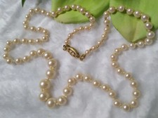 Vintage Signed PAT Necklace 18" Cream Glass Faux Pearl Gold Tone Filigree Clasp! Men's Fantasy Wear price