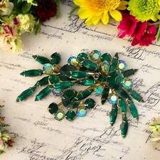 VTG Judy Lee Beau Jewels Green Navette & AB Aurora Borealis Rhinestone Brooch Men's Fantasy Wear price