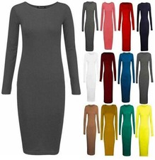 Women's Plain Midi Jersey Bodycon Ladies Stretch Long Sleeve Dress UK 8-26 Women's Jersey price