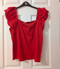 George Women’s Red Solid Square Neck Ruffle Eyelet Cotton Jersey Tank Top 18 Women's Jersey price