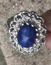 Vintage 18k white HGE Oval Blue Lindy Star Sapphire Ring Sparkling Accents Sapphire Ring price