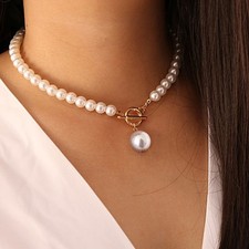 Pearl Imitation  White String Strand Toggle T Bar Beaded Necklace Elegant Women Pearl Necklace price