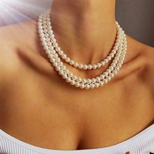 3 Layers Pearl Imitation White Cream Simple Handmade Strand Bead Necklace Women Pearl Necklace price