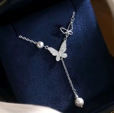 Pearl Double Butterfly Pendant 925 Sterling Silver Necklace Women Jewellery Gift Pearl Necklace price