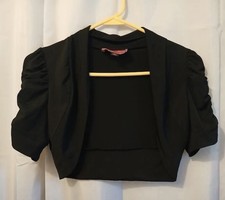 POMPOUS GIRLY Black Shrug Sweater Small Black Short sleeve Curvy front Ruched SS Bolero price