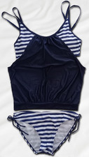 Tankini Set -Navy/White Striped Layered Top & Triangular Tie-Side Bottoms Medium Tankini price