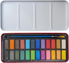 Artist Watercolour Paint Set of 24 Colour Blocks Pans & Paintbrush In Metal Tin Watercolour Paint price