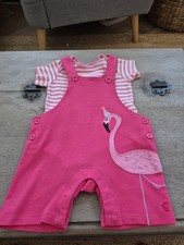Joules Girls 6-9M 2pc Pink Dungarees & White Striped Bodysuit Flamingo Baby Mevlut Outfit price