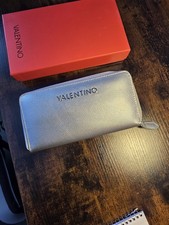 Valentino Women’s Silver Faux Leather Logo Zip-Around Wallet Card Slots Women's Wallet price