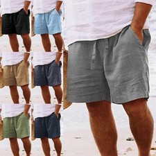Mens Cotton Linen Shorts Summer Beach Hawaiian Drawstring Waist Short Pants@ Men's Shorts price