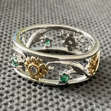 925 Sterling Silver Two-Tone Flower Ring Size P1/2 Green Round Zircon Gold Ring price