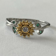 925 Sterling Silver two-tone Sunflower Ring Size 7(N1/2) zircon Green Accents Gold Ring price