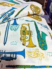 1m x 114cm Wind Instruments, Musical , Blue/Gold on White cotton Wind Instruments price