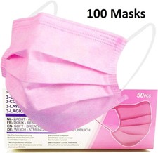 100x Pink 3 Ply Disposable Face Masks Breathable Protective Mouth Cover UK Masks price