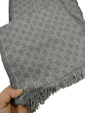 Gucci Women Reversible GG Jacquard Wool Scarf Shawl Gray Fringe Italy Authentic Shawl price