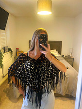 Women's Black Crochet Openwork Shawl/poncho with Fringe, Button Front Shawl price