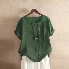 Summer Womens Cotton Linen Tunic Blouse Tops Ladies Short Sleeve Shirt Plus~Size Blouse price