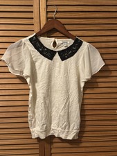 DKNY Girls Cream Black Sequin Lace Peter Pan Collar Short-Sleeve Dress Shirt; M American Classics price