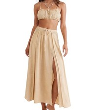 Free People The Prettiest Set  Boho Crop Top Maxi Skirt Lace Slit S Skirt price