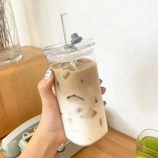 1Pcs Square Heat Resistant Coffee Glass Cup With Lid and Straw Transparent Milk Cup / Glass / Coffee Set price