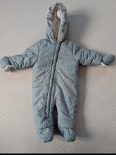John Lewis 3-6M Quilted Hooded Full Zip Snowsuit Lined Dinosaur Blue/Grey Baby Snowsuit price