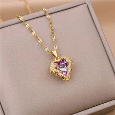 Luxury Crystal Ocean Heart Pendant Necklace Women Gold Stainless Steel Jewelry Costume Necklace price