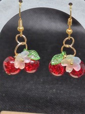 Cherry Glass Bead Earrings Gold Plated With a Acrylic Flower And Leaf  Handmade Gold Earrings price