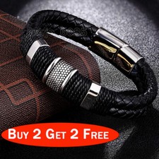 Men's Stainless Steel Leather Bracelet Magnetic Silver Clasp Bangle Black UK Steel Bracelet price