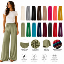Womens Wide Leg Palazzo Trousers Flared Elastic Waist Lounge Flow Pants UK 8-26 Women's Trousers price