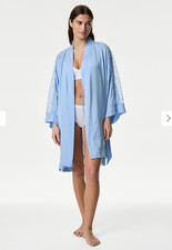 Women’s Dressing Gown Large UK14 M&S Robe Dream Satin™ Lace Trim Wrap Blue L3405 Women's Nightgown and Robe price