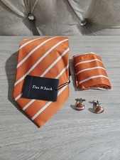 Orange And White Striped Tie Pocket Square And Cufflink Set Silk Tie Set price