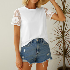 Ladies Summer Short Sleeve T Shirt Tops Womens Plain Lace Blouse Tee Plus Size Women's T-shirt price