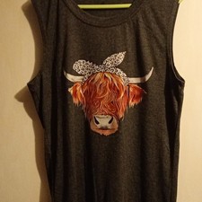 Women’s Grey Sleeveless Crew Neck Tank Top Highland Cow Graphic Print L Women's Tank Top price