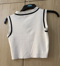 Women’s White Cropped Knit Tank Top Black Trim Crew Neck Pullover Size XS Women's Tank Top price