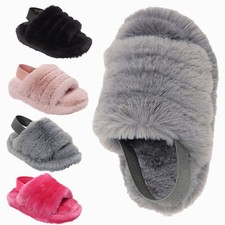 Girls Fluffy Slippers Mules Furry Open Toe Slingback Kids Fur Shoes Sandals Size Girls' Slippers & Sandals price