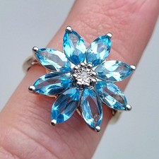 Hallmarked 9ct Yellow Gold Blue Topaz & Diamond Cluster Ring Size P 3.1g Diamond Eternity Ring price