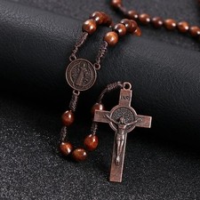 Wooden Rosary Necklace Cross Pendant Jesus Beads Prayer Chain Car Hanging Gift Prayer Beads price