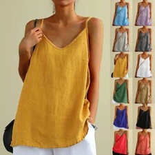 Women's Strappy Linen Cotton Cami Beach Shirt Summer*Casual Loose Tops Tank Vest Women's Vests price