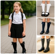 Girls Childrens Knee High Socks Long Plain With Satin Bow Back To School 1 Pair Knee-High Socks / Tights price