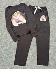 Women’s S Black Cat Graphic Print Pyjama Set Long Sleeve Drawstring Jersey Women's Pyjamas price