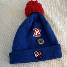 Blue Solid Knit Beanie Hat w/ Red Pom-Pom & "72" Patch, Kids One size Men's Beanie price