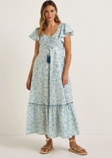 Blue Paisley gold Foil Print Maxi Dress Size 10 12 14 summer holiday (09) Dress price
