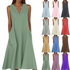 Women Cotton Linen Sleeveless Maxi Dress Ladies Summer Casual Solid V Neck Dress Dress price
