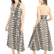 Karen Millen Dress Womens Halter Neck Animal Print  Midi Collared Stretch Belted Dress price