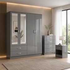 Bedroom Furniture Set High Gloss Grey Wardrobe Chest of Drawer Bedside Cabinet Bedroom Textiles & Dowry Set price