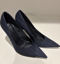 Zara Pointed Toe Blue with White Thin Stripes High Heels Size 39 US8.5 High-Heeled Shoes price