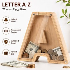26 Letter A-Z Wooden Piggy Bank Transparent Money Box for Kids Xmas Gift Decor Piggy Bank price