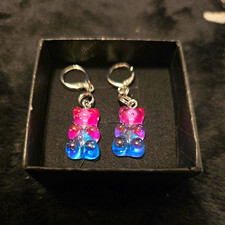 Gummy Bear Pink Blue Dangle Drop Earrings Hinged Silver Hoops Festival Silver Earrings price