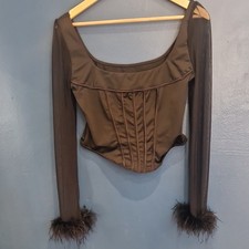 SHEIN Women's Brown Mesh Corset Top Sheer Sleeves Feather Cuffs Zip Size M Women's Corset price